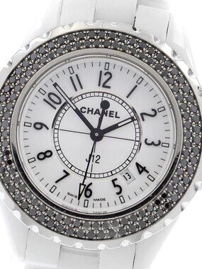 CHANEL J12 white ceramic H1630 black diamond bezel Quartz Ladies Watch_901950